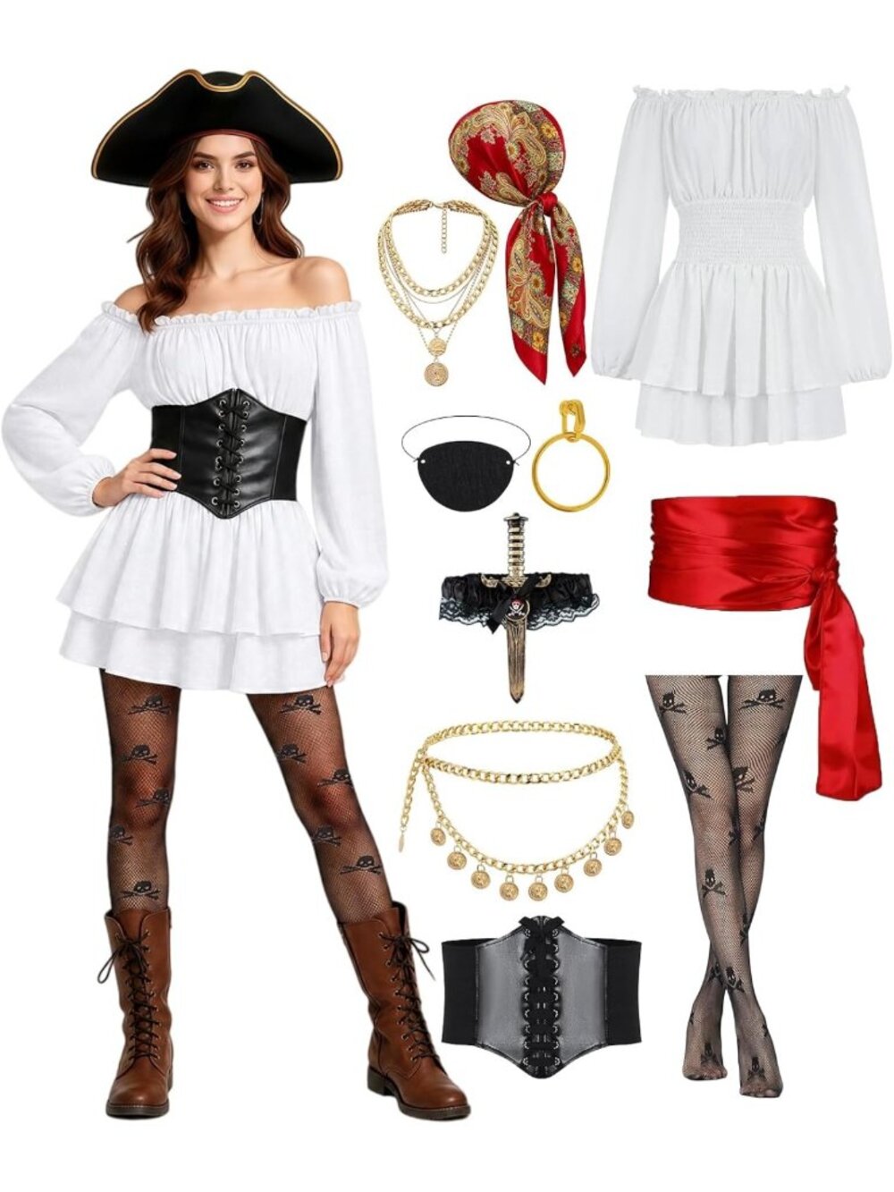 10-Piece Women's Pirate Costume Set for Halloween with Accessories - Fun